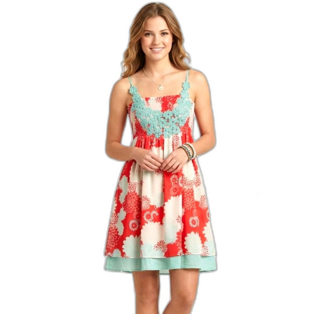 A’reve Red Floral Crochet Neckline Sundress Smocked Mini Boho Medium